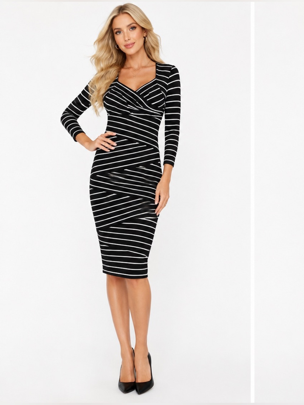 White House Black Market Size 2 Black White Striped Ruched Midi Dress